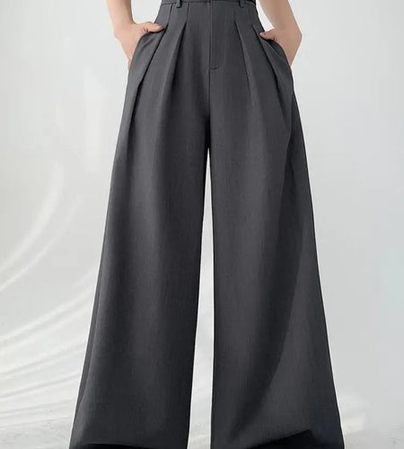 Spring Summer Women Gray Elegant Office Pleated Trousers 2024 Fashion Black High Waist Beige Wide Leg Long Pant Casual Loose New