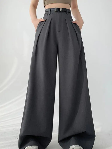 Spring Summer Women Gray Elegant Office Pleated Trousers 2024 Fashion Black High Waist Beige Wide Leg Long Pant Casual Loose New