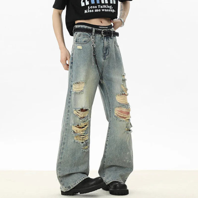 Men's Jeans New Summer Solid Color Denim Pants Multi Hole Stylish American High Street Handsome Straight Menwear 9W1533