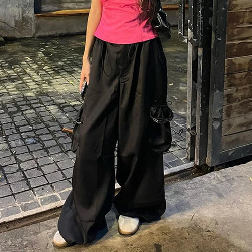 Load image into Gallery viewer, Casual Black Oversized Shirring Cargo Pants Female Big Pockets Low Rise Harajuku Basic Wide Leg Trousers Tech Outfits
