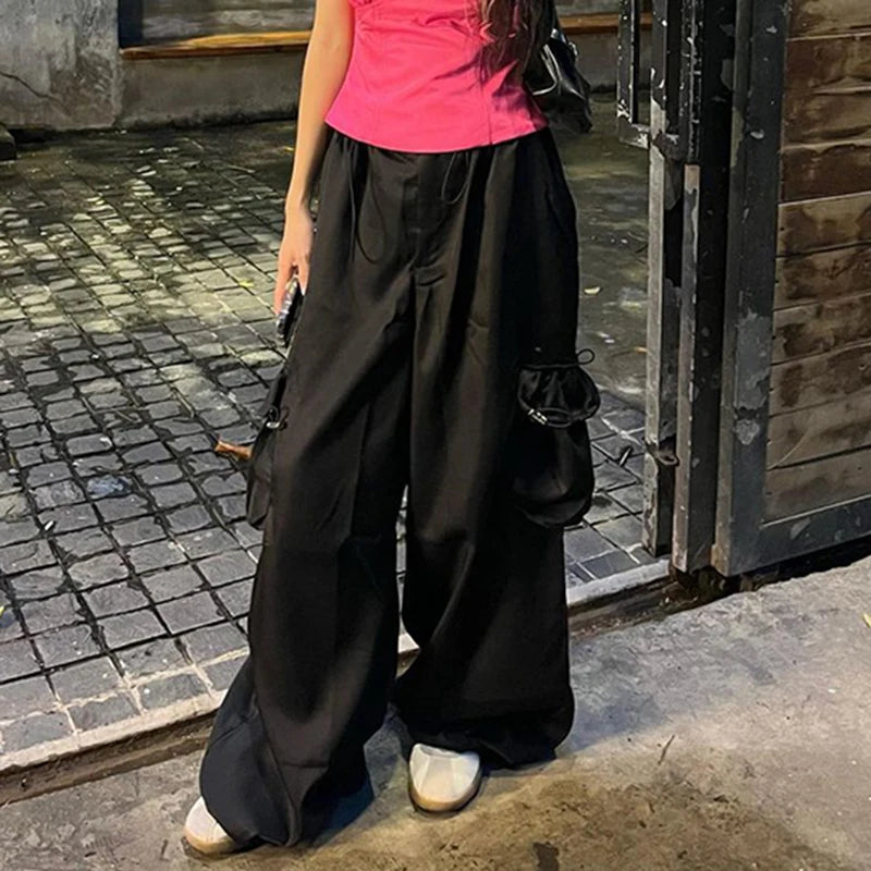 Casual Black Oversized Shirring Cargo Pants Female Big Pockets Low Rise Harajuku Basic Wide Leg Trousers Tech Outfits