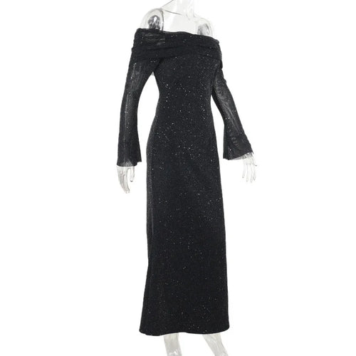 Load image into Gallery viewer, Glitter Off-shoulder Sexy Maxi Dress For Women Gown Black Strapless Long Sleeve Bodycon Club Party Sparkle Long Dress
