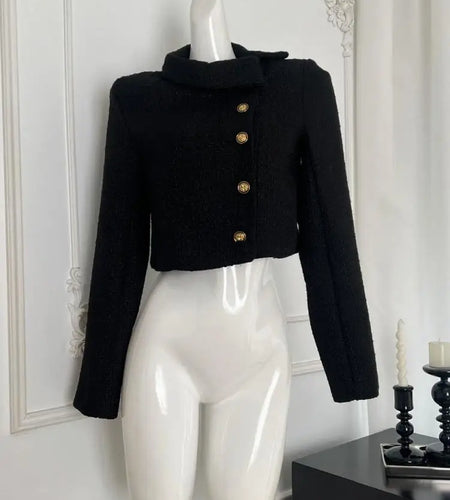 French Fashion Woman Autumn Winter Retro Black Long Sleeves Coat Vintage Elegant Single Breasted Festival Short Jacket Tops Chic