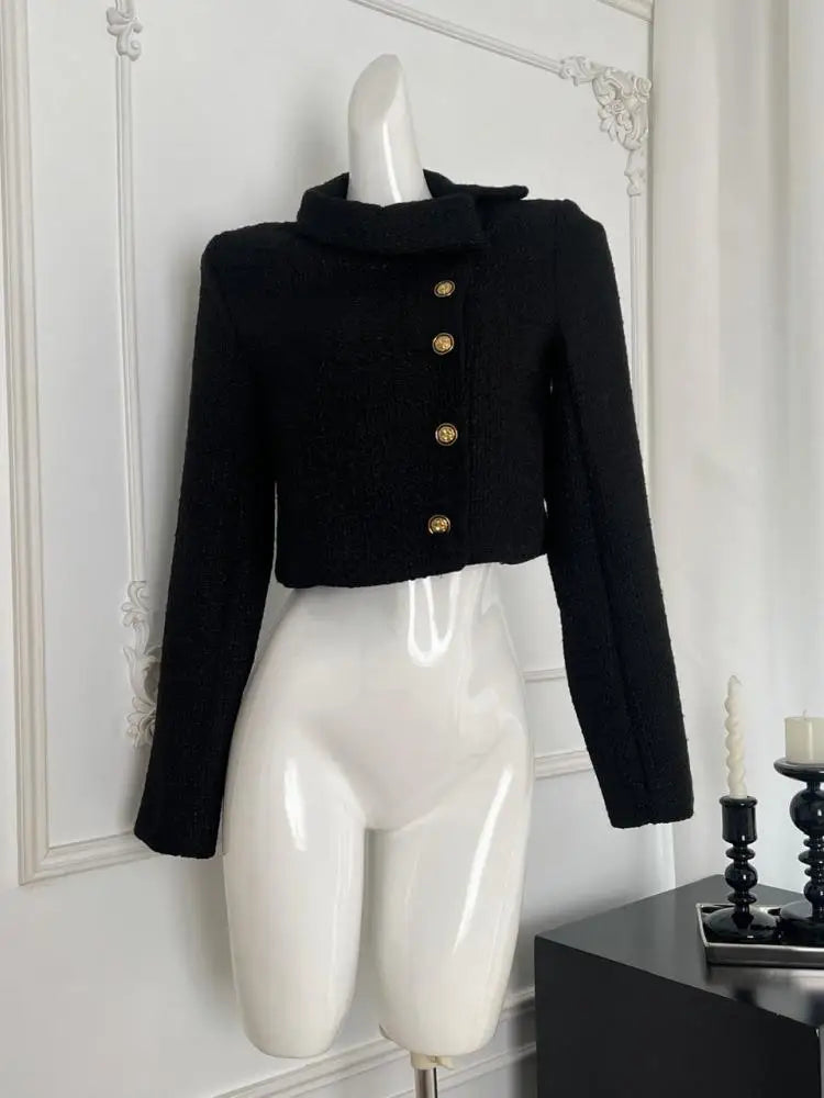 French Fashion Woman Autumn Winter Retro Black Long Sleeves Coat Vintage Elegant Single Breasted Festival Short Jacket Tops Chic