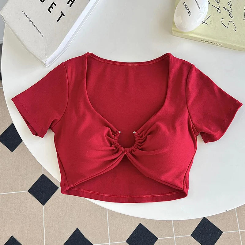 y2k Crop Tops Women Summer Clothes Sexy Solid Color Metal Ring Short Sleeve Padded T Shirts 2000s Clothing Streetwear