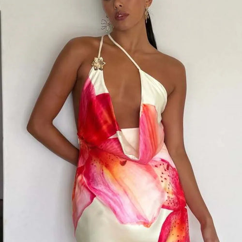 Load image into Gallery viewer, One Shoulder Backless Print Sexy Mini Dress Women Summer New Hollow Out Sleeveless Ruched Beach Club Party Dress
