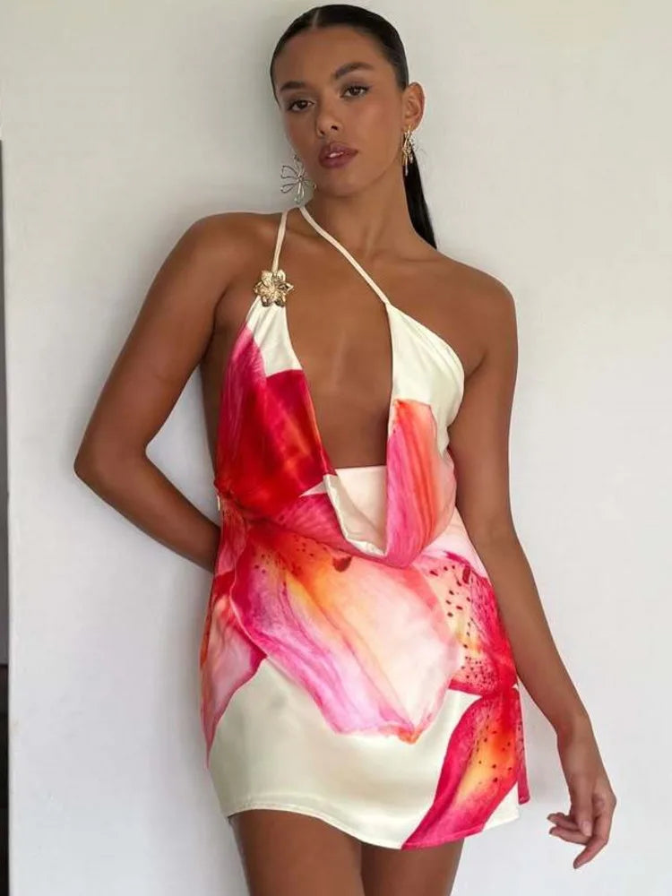 One Shoulder Backless Print Sexy Mini Dress Women Summer New Hollow Out Sleeveless Ruched Beach Club Party Dress