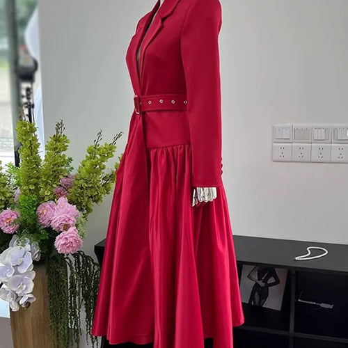 Load image into Gallery viewer, Solid Patchwork Belt Loose Temperament Dresses For Women Notched Collar Long Sleeve High Waist Derss Female 2023
