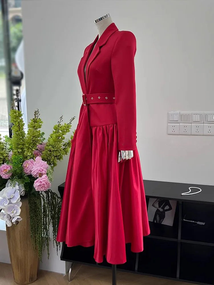 Solid Patchwork Belt Loose Temperament Dresses For Women Notched Collar Long Sleeve High Waist Derss Female 2023