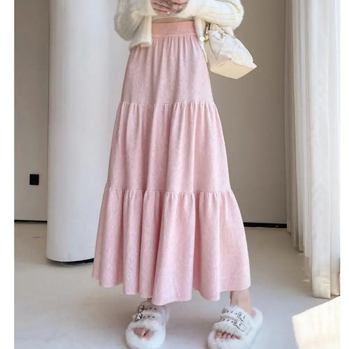 Load image into Gallery viewer, Vintage Women Solid High Waist Versatile Pleated A-line Long Skirts 2024 Autumn Winter French Sweet Cake Knit Skirt Streetwear
