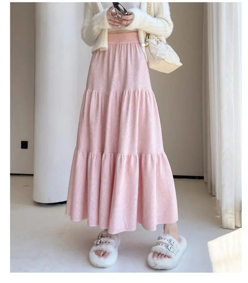 Vintage Women Solid High Waist Versatile Pleated A-line Long Skirts 2024 Autumn Winter French Sweet Cake Knit Skirt Streetwear