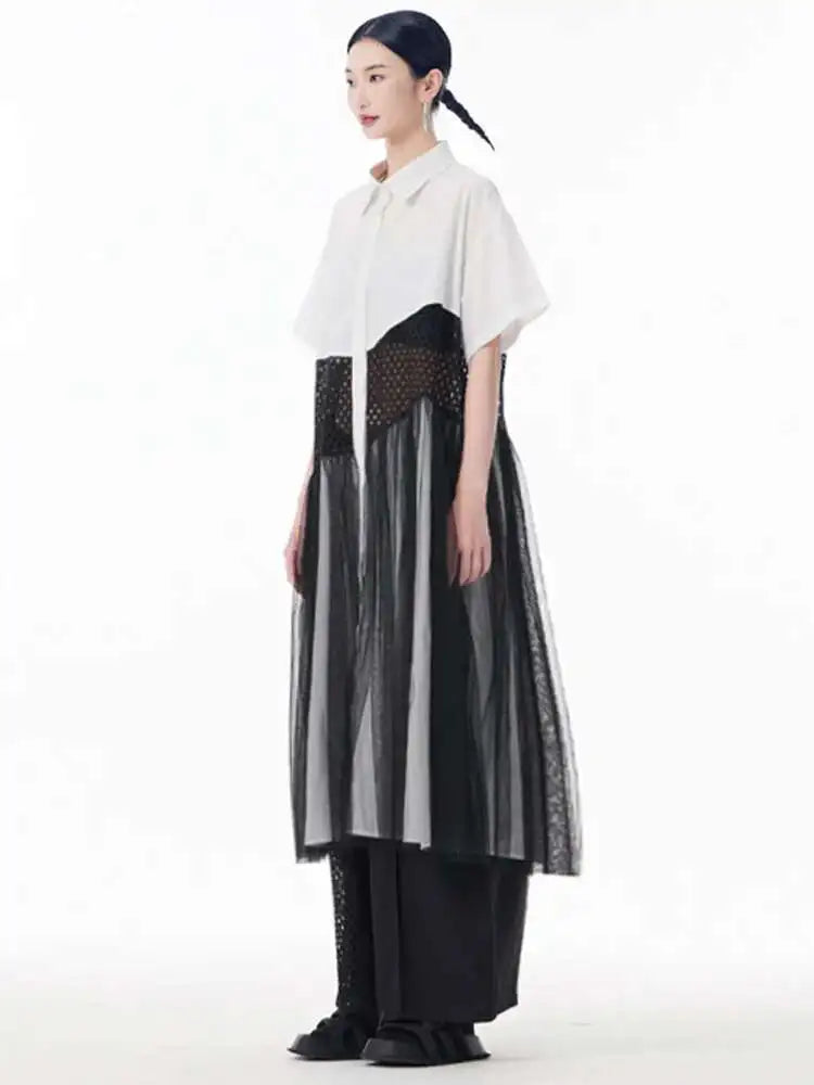 Women White Mesh Color-block Big Size Midi Shirt Dress New Lapel Short Sleeve Fashion Tide Spring Summer 2025 1DJ0045