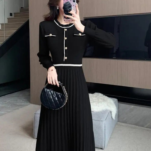 Load image into Gallery viewer, Autumn Winter Fashion Patchwork Long Sleeves Button Knitted Dresses Women's Elegant Round Neck Office Pleated Midi Dress Popular
