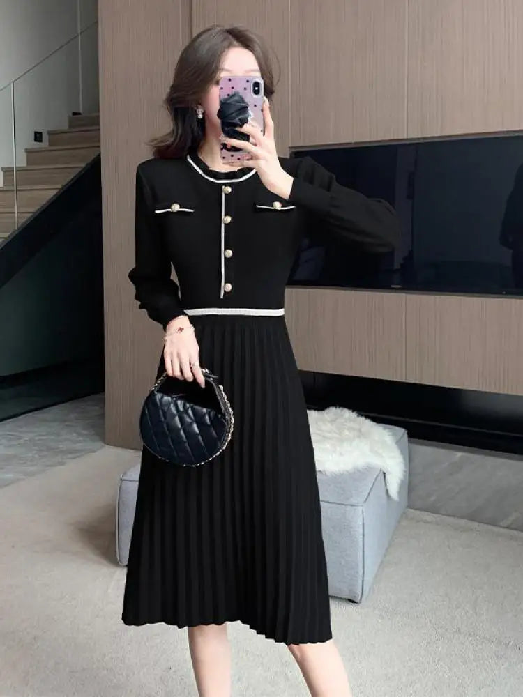 Autumn Winter Fashion Patchwork Long Sleeves Button Knitted Dresses Women's Elegant Round Neck Office Pleated Midi Dress Popular