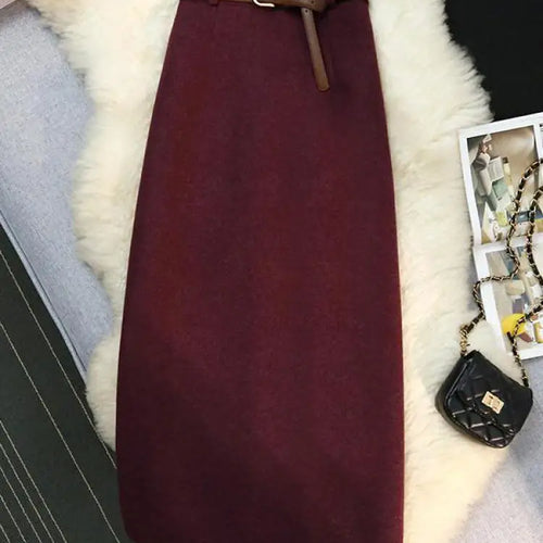 Load image into Gallery viewer, Autumn Winter New Beige Purple Elegant Woolen Skirt Female Black Elastic High Waist Party Wrap Hip Mid-length Skirt Vintage Chic
