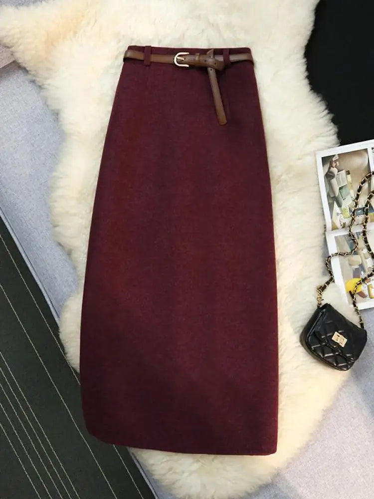 Autumn Winter New Beige Purple Elegant Woolen Skirt Female Black Elastic High Waist Party Wrap Hip Mid-length Skirt Vintage Chic