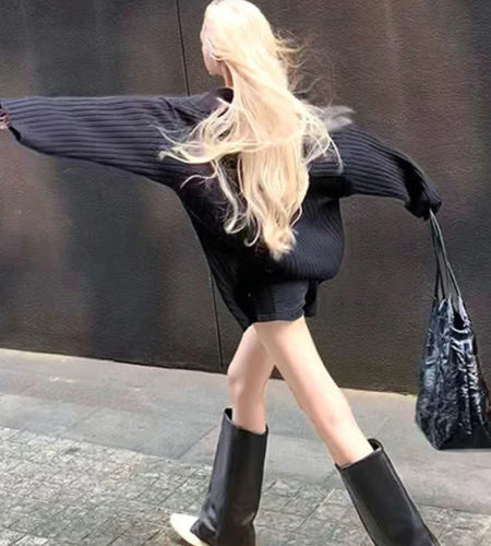 Y2k Aesthetic Vintage Print Loose Pullovers Casual Grunge Harajuku Sweaters V-Neck Off Shoulder All Match Jumpers Korean Fashion