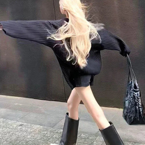 Load image into Gallery viewer, Y2k Aesthetic Vintage Print Loose Pullovers Casual Grunge Harajuku Sweaters V-Neck Off Shoulder All Match Jumpers Korean Fashion
