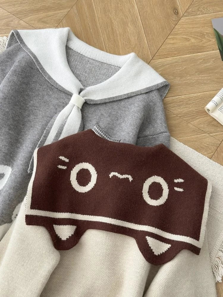 Preppy Style Grunge Kawaii Cute Cat Jacquard Sweaters Women Y2k Aesthetic Casual Loose Jumpers Autumn Contrast Color Pullovers