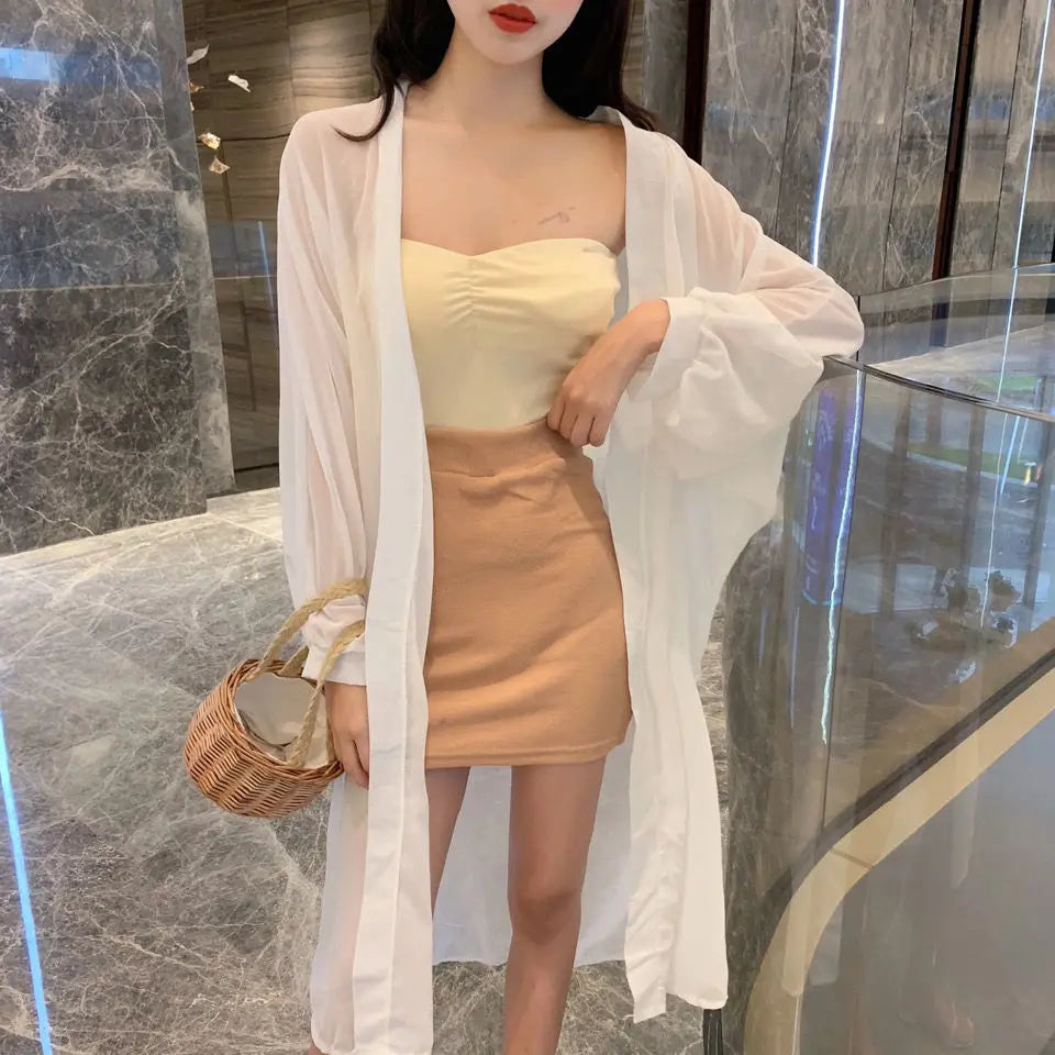 Summer White Sun Protection Clothing Women Long Cardigan Female Loose Cardigans Ladies Shawl Women Chiffon Thin Coat