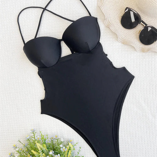 Load image into Gallery viewer, Black One Piece Swimsuit Women 2025 Halter High Waist Monokini Sexy Backless Swimwear Push Up Bathing Suit
