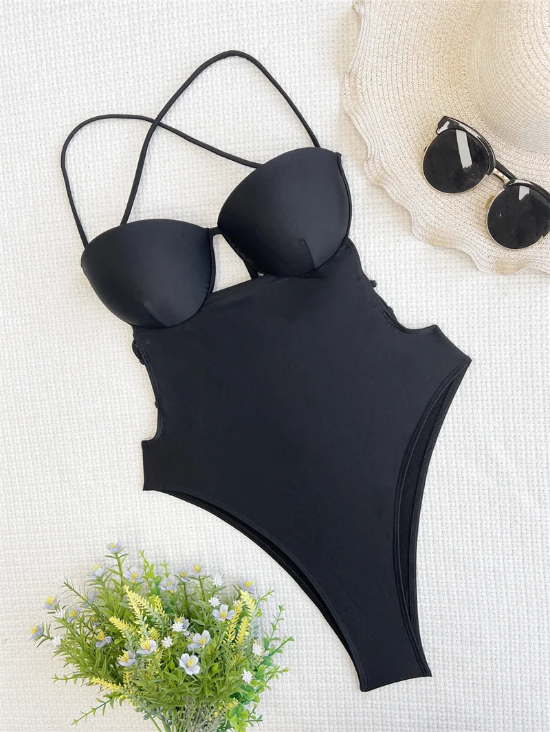 Black One Piece Swimsuit Women 2025 Halter High Waist Monokini Sexy Backless Swimwear Push Up Bathing Suit