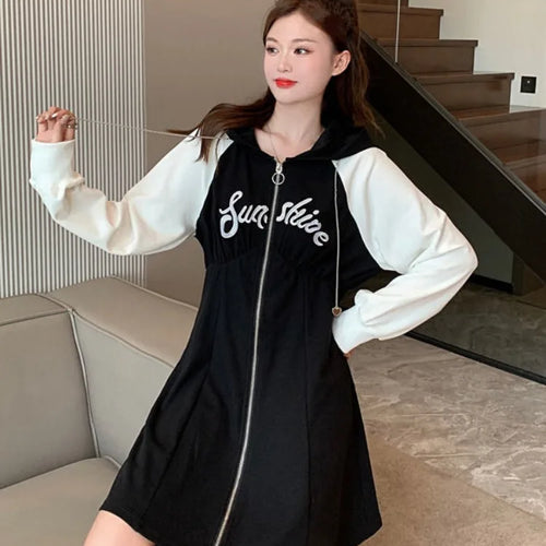 Load image into Gallery viewer, Korean Style Oversize Hooded Dress Women Preppy Style School Student Casual Letter Sport Mini Short Dresses Autumn
