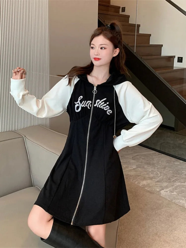 Korean Style Oversize Hooded Dress Women Preppy Style School Student Casual Letter Sport Mini Short Dresses Autumn