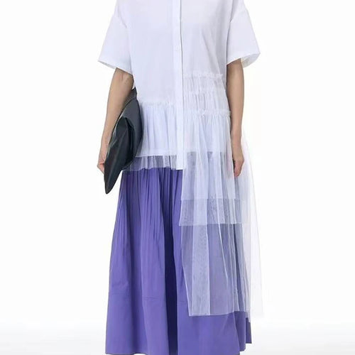 Load image into Gallery viewer, Women Black Mesh Irregular Big Size Long Blouse New Lapel Short Sleeve Shirt Fashion Tide Spring Summer 2025 1DJ1206
