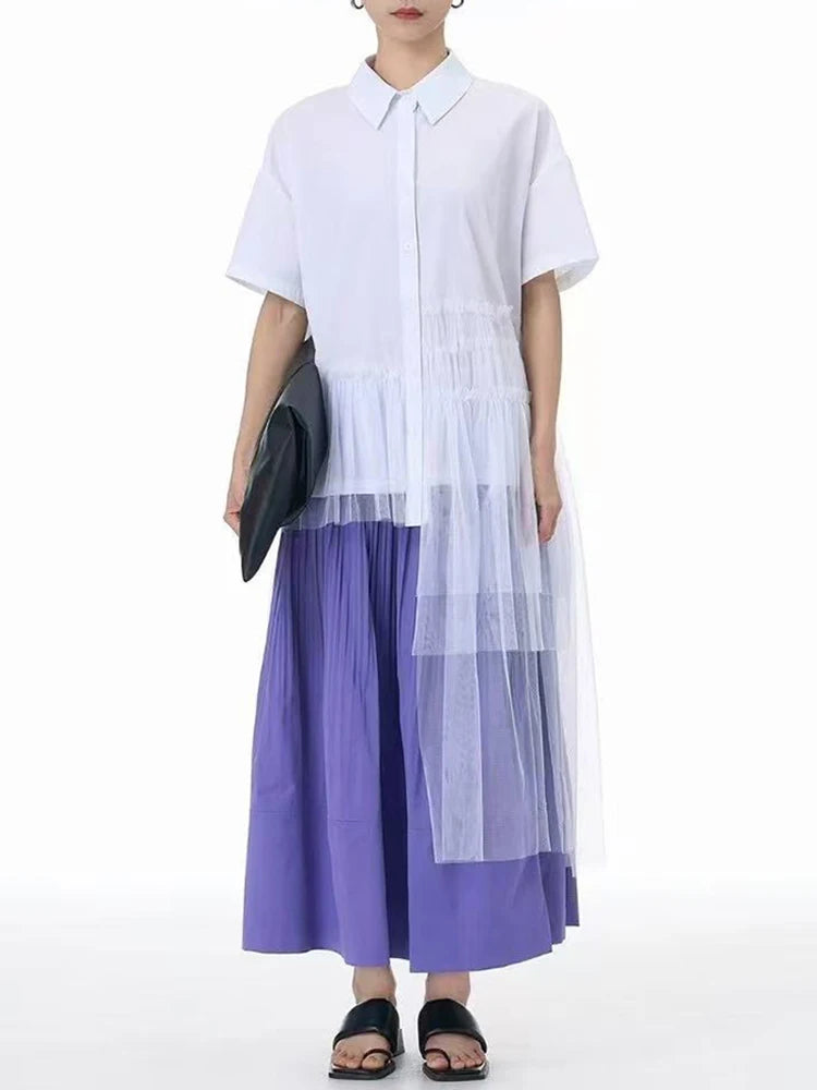 Women Black Mesh Irregular Big Size Long Blouse New Lapel Short Sleeve Shirt Fashion Tide Spring Summer 2025 1DJ1206