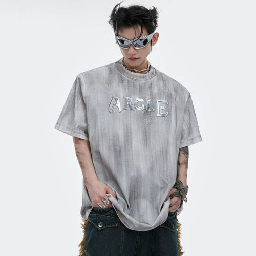 Load image into Gallery viewer, Niche Silver Brush Men T-shirts Letters Printing Short Sleeved Metal Shoulder Pads Round Neck Male Tops Fashion 24E1292
