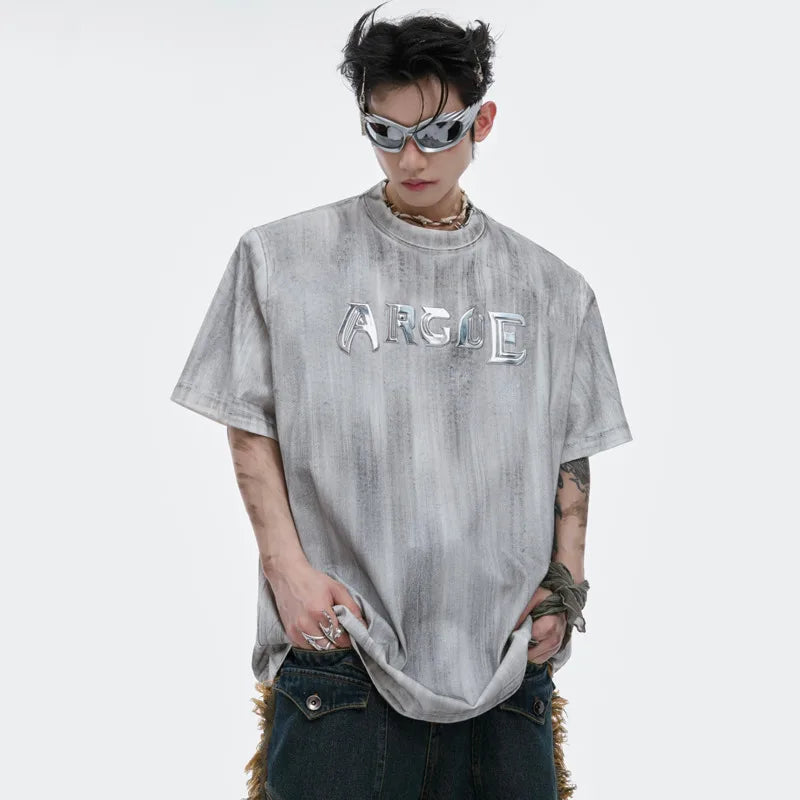 Niche Silver Brush Men T-shirts Letters Printing Short Sleeved Metal Shoulder Pads Round Neck Male Tops Fashion 24E1292