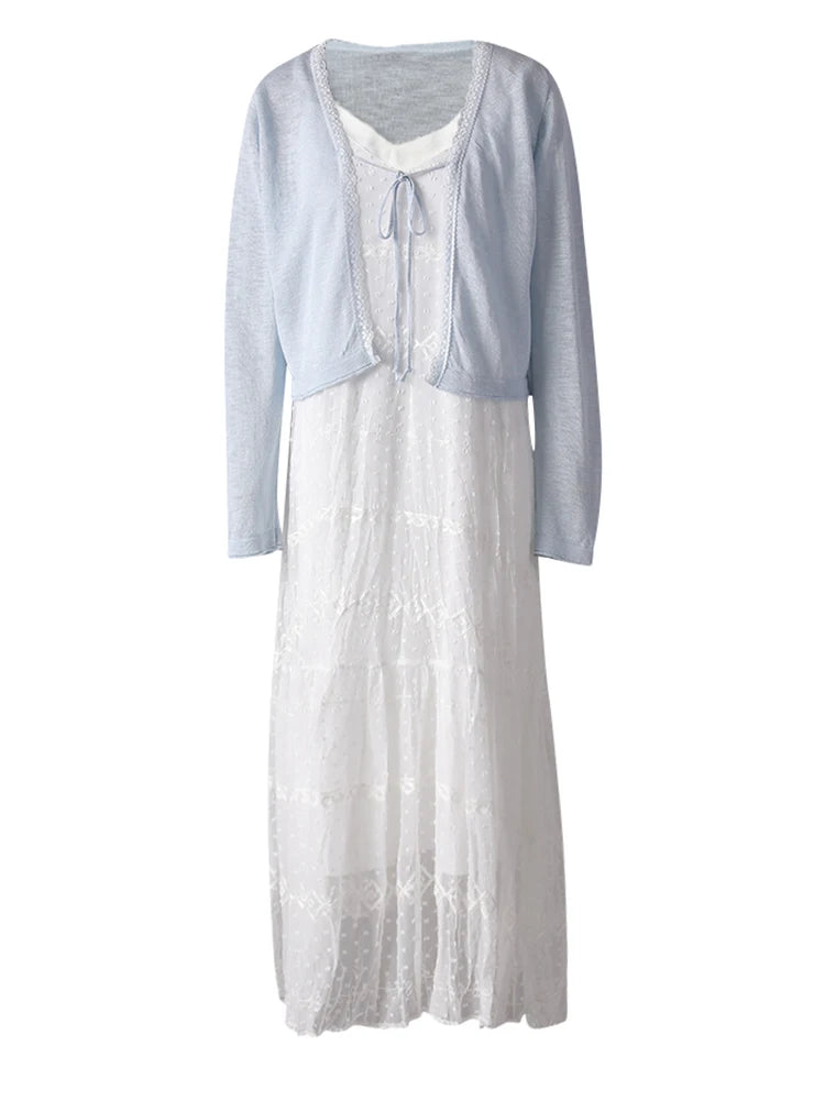 Women White Lace Jacquard Elegant Long Spaghetti Strap Dress New V-Neck Sleeveless Fashion Tide Spring Summer 2025 CPG3081