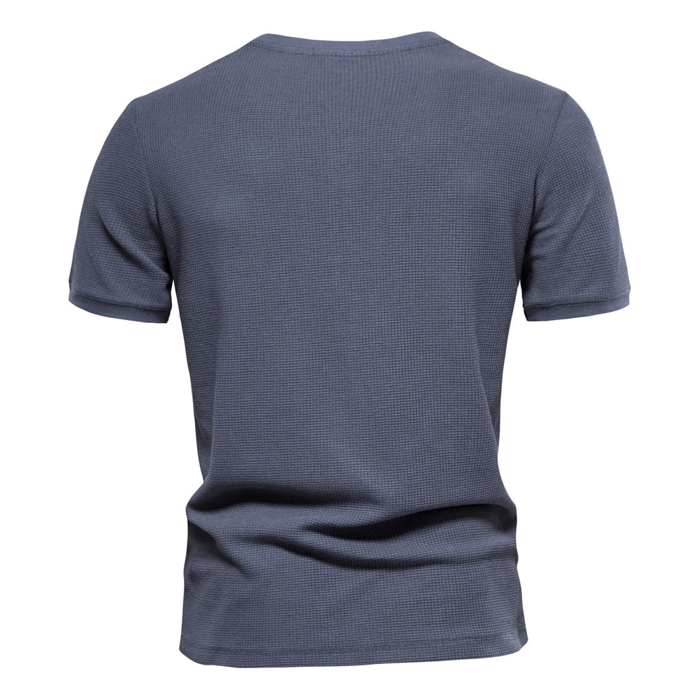 Cotton Waffle Henley T-Shirt for Men Solid Color Casual Short Sleeve Men's T-shirt New Summer Designer Tops Tee Male