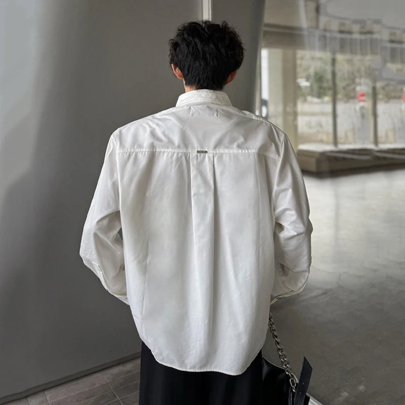 Men's Shirts Long Sleeve New Summer Korean Style Personalized Ribbon Design Turn-down Collar Solid Color Male Top 9W1753