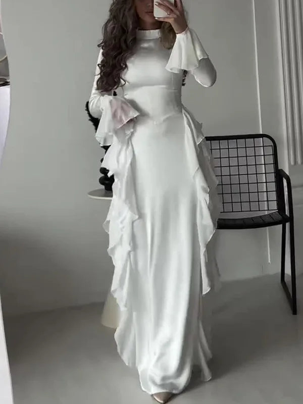 Elegant Long Sleeved Ruffled Round Neck Maxi Dress For Women's Spring New 2025 Party Club Evening Dress Slim Vestidos