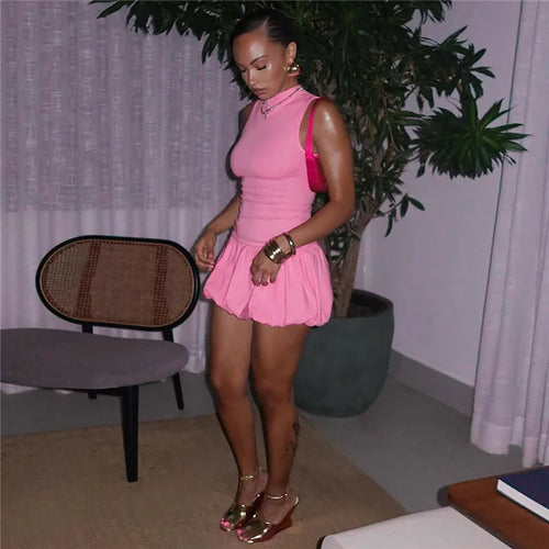 Load image into Gallery viewer, Hollow Out Backless Sleeveless Mini Dress For Women Summer New Fashion Solid O Neck Slim Pleated Dress Elegant 2024
