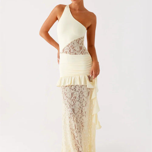 Load image into Gallery viewer, One Shoulder Backless Sexy Maxi Dress Women Lace Patchwork Fashion Sleeveless Lace-up Draped Ruffle Club Long Dress
