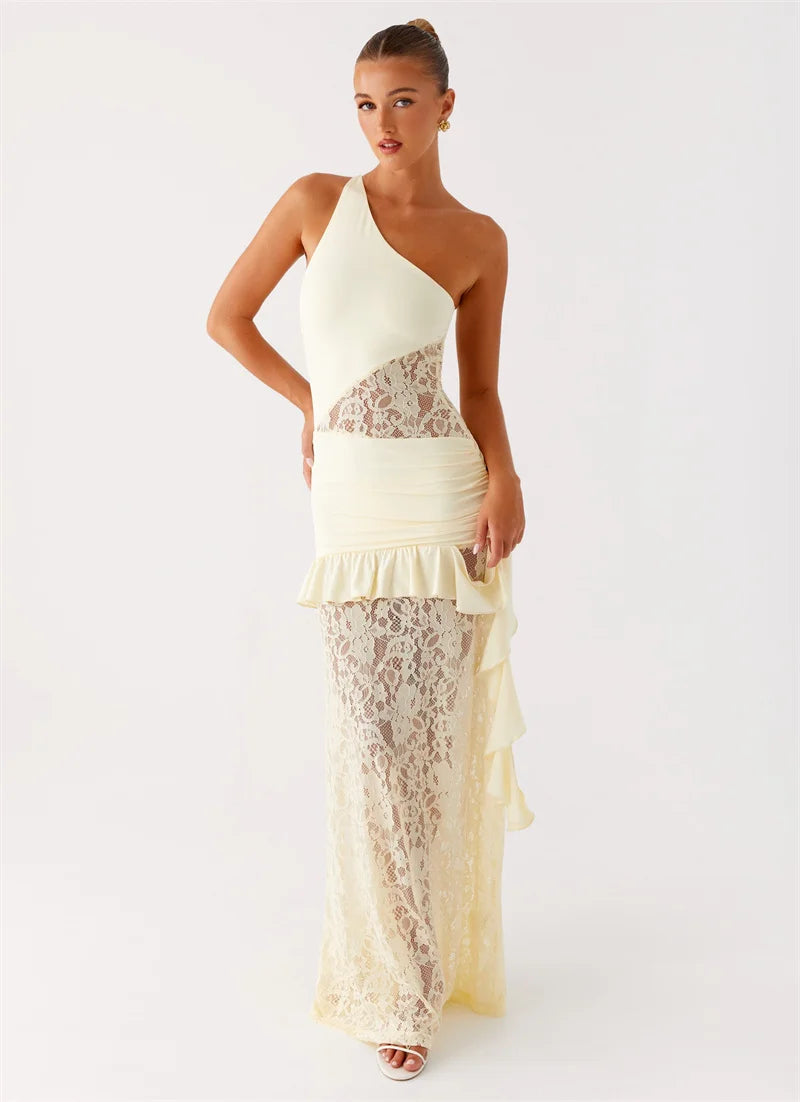 One Shoulder Backless Sexy Maxi Dress Women Lace Patchwork Fashion Sleeveless Lace-up Draped Ruffle Club Long Dress