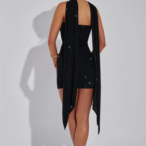 Load image into Gallery viewer, Sequins Backless Sexy Mini Dress For Women Robe Elegant Sparkle Scarf Collar Strapless Sleeveless Bodycon Club Dress
