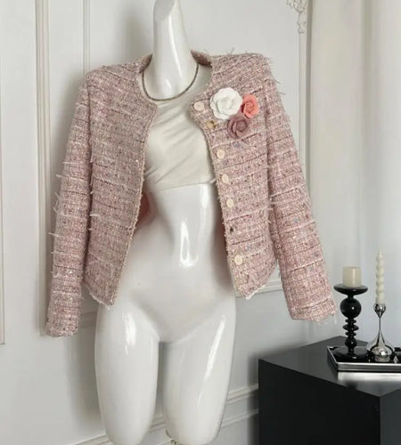 Autumn New Women's Pink Temperament Versatile Round Neck Festival Jacket French Fashion Single Breasted Long Sleeve Short Coat