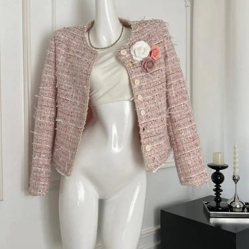 Load image into Gallery viewer, Autumn New Women's Pink Temperament Versatile Round Neck Festival Jacket French Fashion Single Breasted Long Sleeve Short Coat
