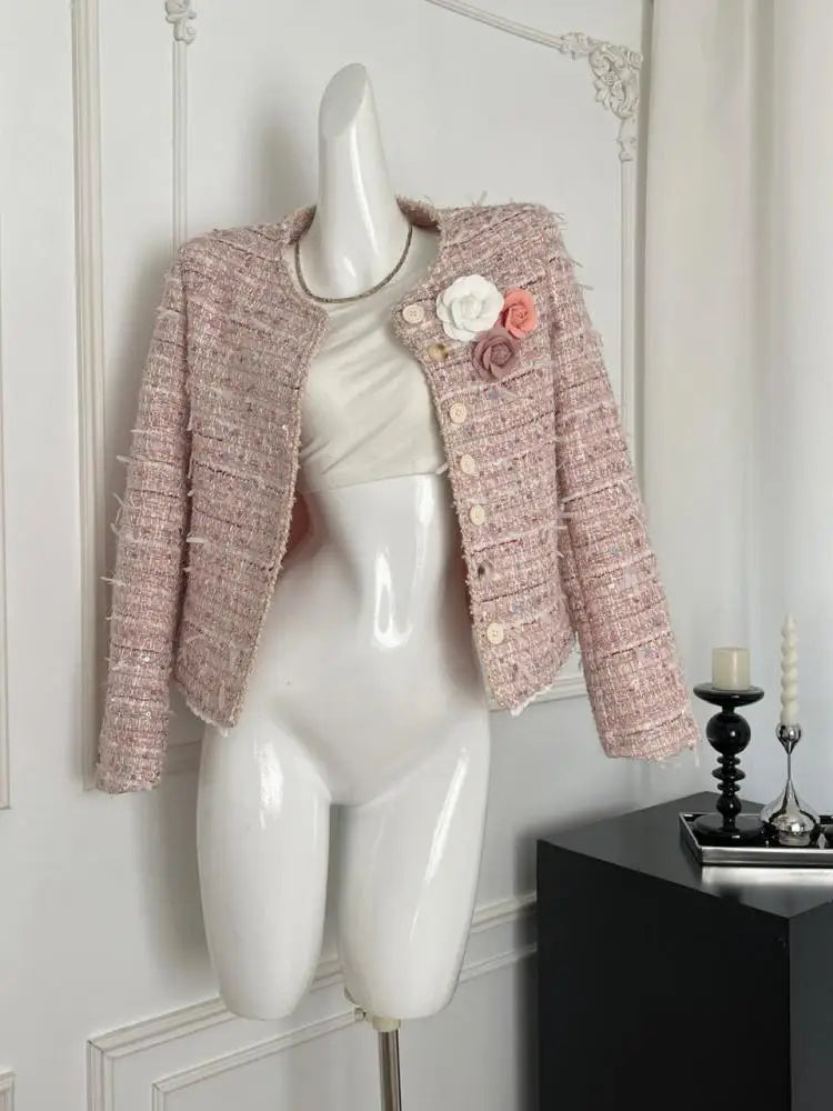 Autumn New Women's Pink Temperament Versatile Round Neck Festival Jacket French Fashion Single Breasted Long Sleeve Short Coat