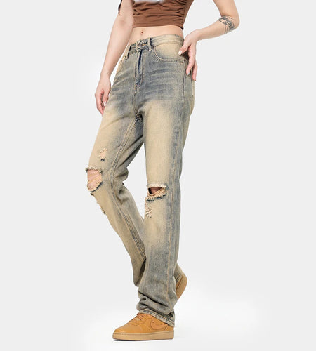 American Style Men's Jeans Printed Straight Wide Leg Hole Desing High Street Stylish Gradient Color Male Bottoms 9W1965
