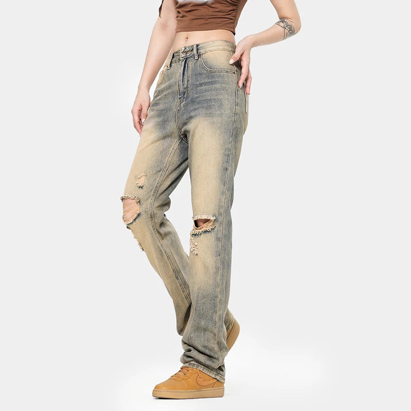 American Style Men's Jeans Printed Straight Wide Leg Hole Desing High Street Stylish Gradient Color Male Bottoms 9W1965