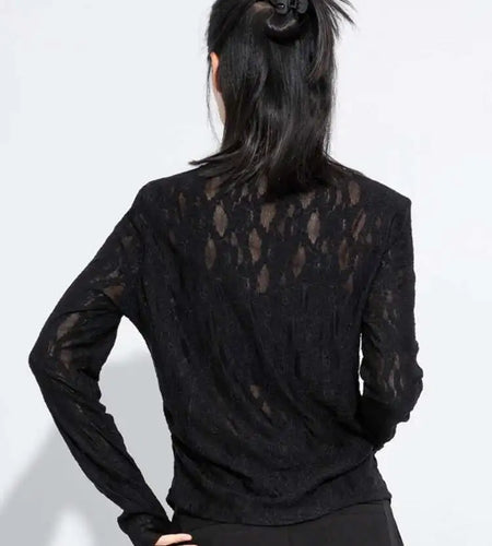 Women Black Lace Hollow Out Elegant Slim T-shirt New Round Neck Long Sleeve Fashion Tide Spring Autumn 2025 1DJ0474