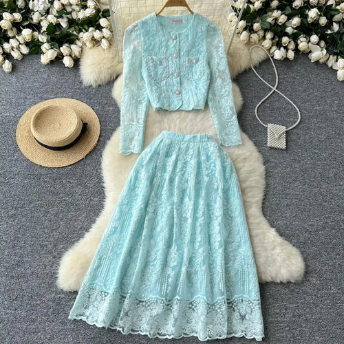 Load image into Gallery viewer, Vintage Elegant Two Piece Set Women Solid Lace Round Neck Long Sleeve Button Short Tops And High Waist Pleated Midi Skirt Autumn
