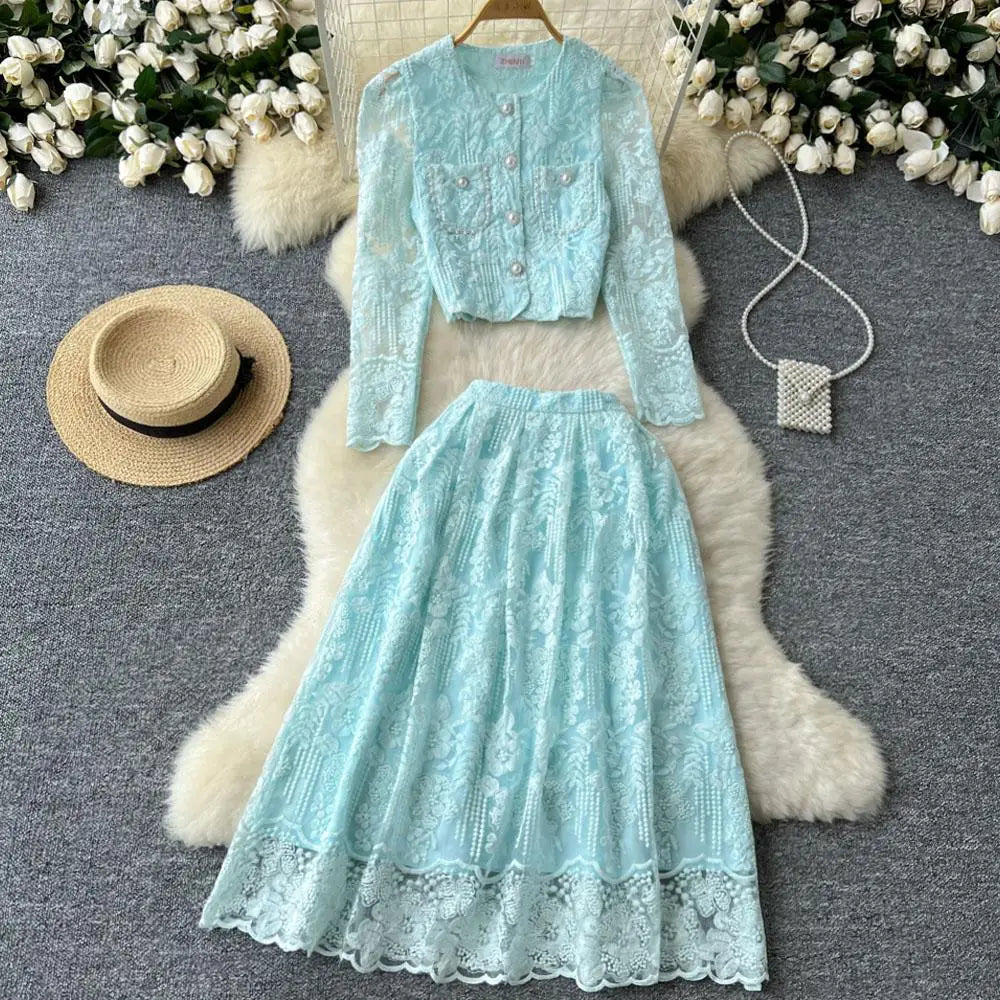 Vintage Elegant Two Piece Set Women Solid Lace Round Neck Long Sleeve Button Short Tops And High Waist Pleated Midi Skirt Autumn