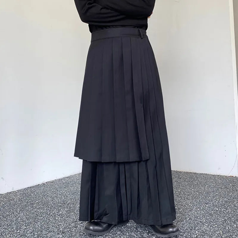 Dark Style Wide-leg Pants Pleated Men Skirt Pants Personalized Detachable Hemline Autumn Culottes Women 9C4159