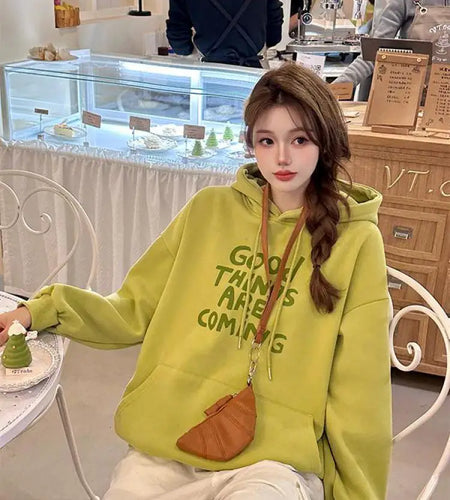 Autumn Winter 2025 Pink Green Letter Printed Elegant Pullover Fashion Short Hooded Sweatshirt Women Grey Long Sleeve Tops Trendy